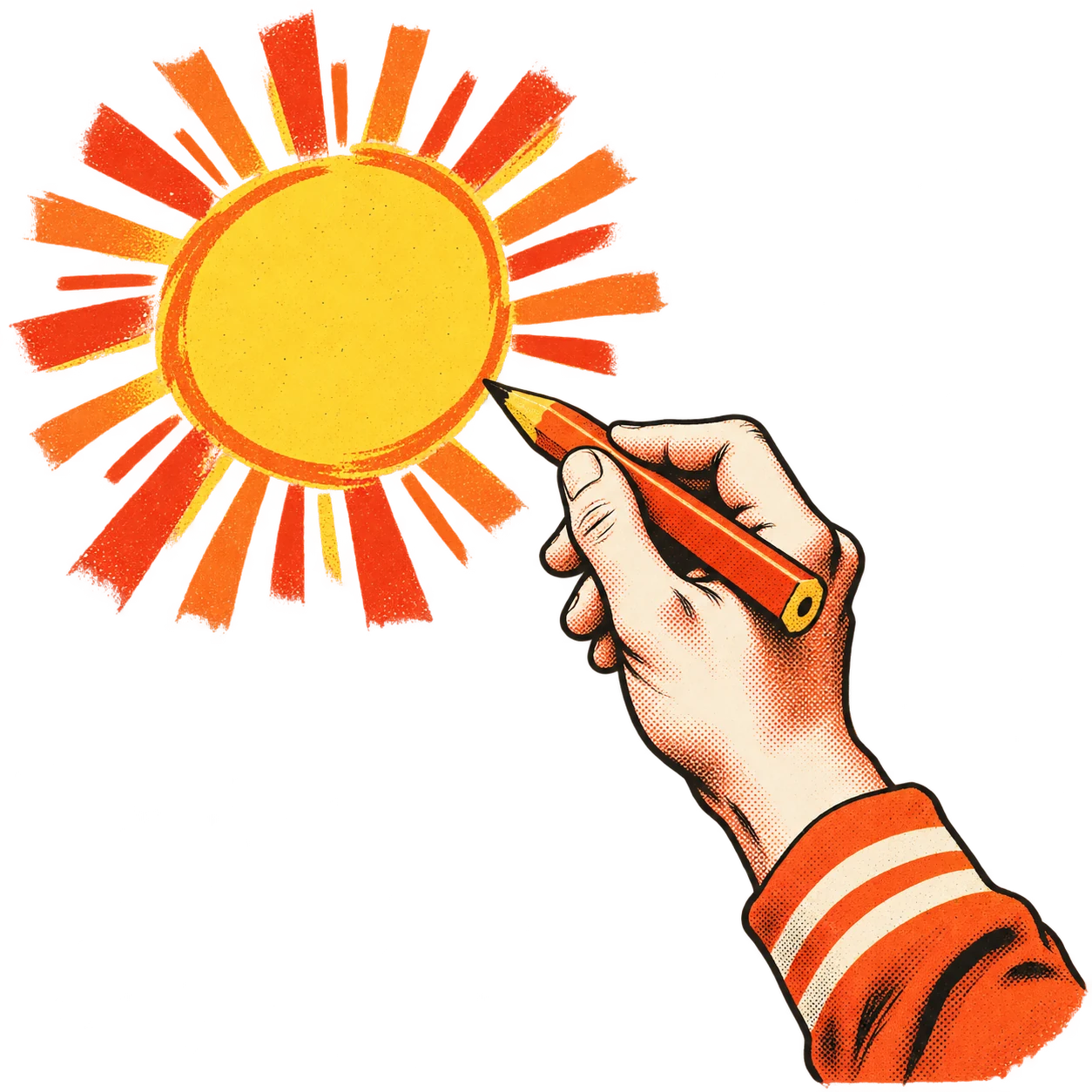 Vintage screenprint-style illustration of a hand drawing a yellow sun with a pencil